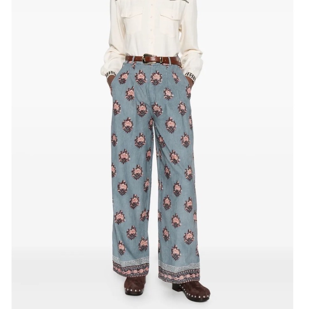 Wide Leg Floral Print Pants in Light Blue and Pink